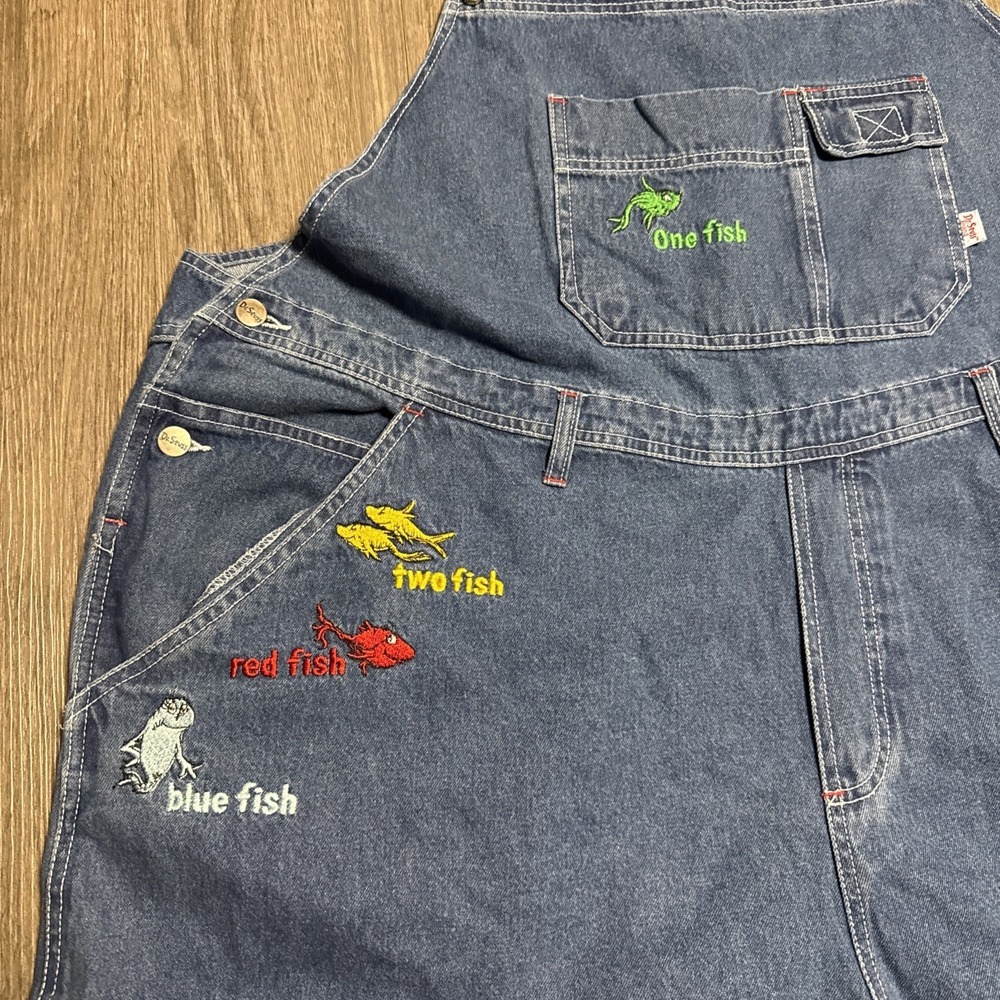 Vintage Dr Seuss Denim Shortalls Womens 26W One Fish Two Fish Adorable Teacher - Picture 2 of 7